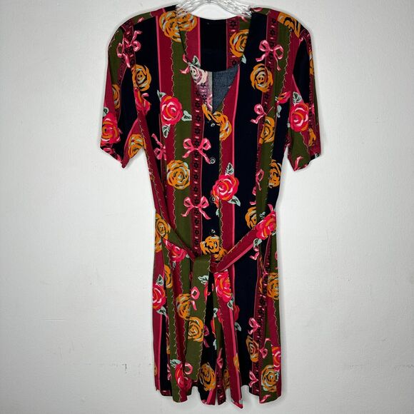 NWT RARE Vintage Dead Stock Black Green Stripe Red Rose Pink Bow Romper Medium - Picture 2 of 9